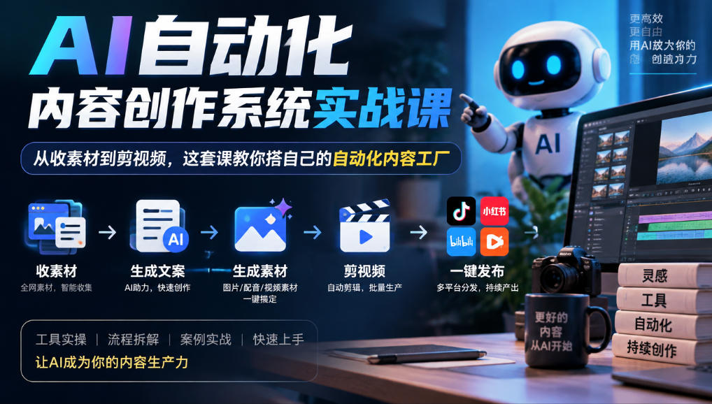AI自动化内容创作系统实战课，从收素材到剪视频，这套课教你搭自己的自动化内容工厂-小二项目网