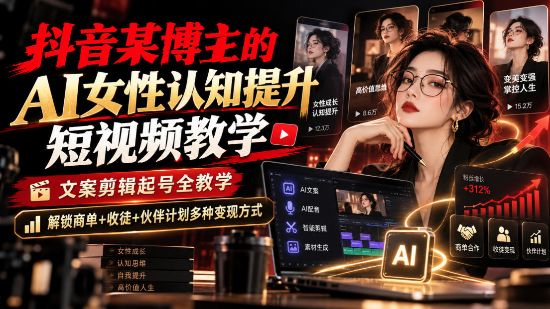 抖音某博主的Ai女性认知提升短视频教学，文案剪辑起号全教学，解锁商单+收徒+伙伴计划多种变现方式-小二项目网