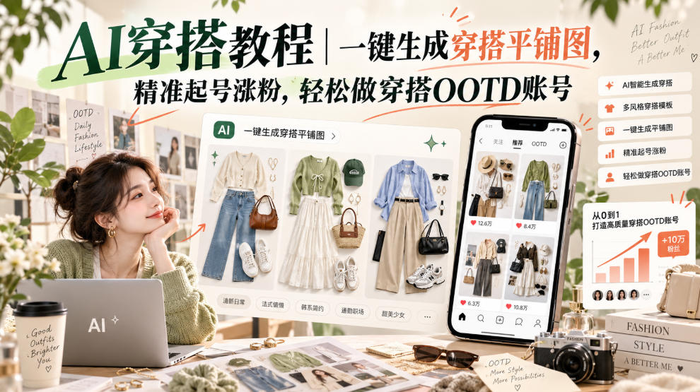 AI穿搭教程｜一键生成穿搭平铺图，精准起号涨粉，轻松做穿搭OOTD账号-小二项目网