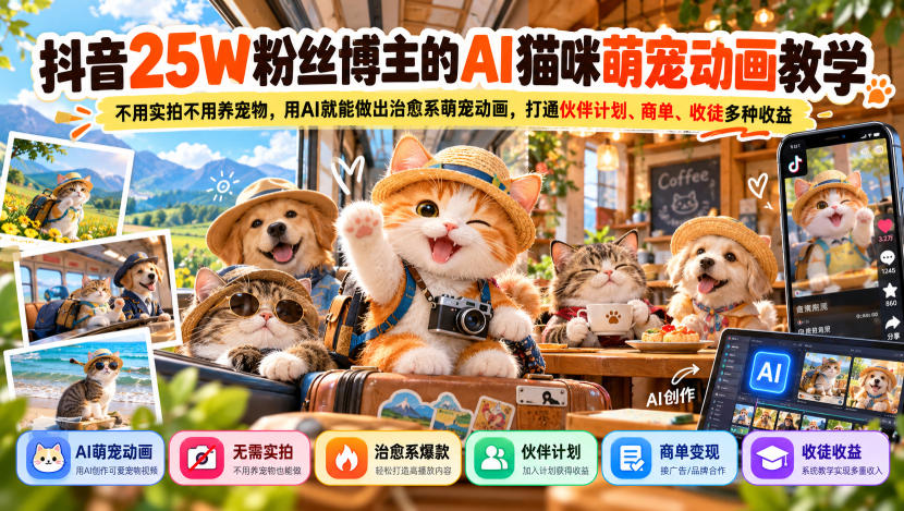 抖音25W粉丝博主的AI猫咪萌宠动画教学，不用实拍不用养宠物，用AI就能做出治愈系萌宠动画，打通伙伴计划、商单、收徒多种收益-小二项目网