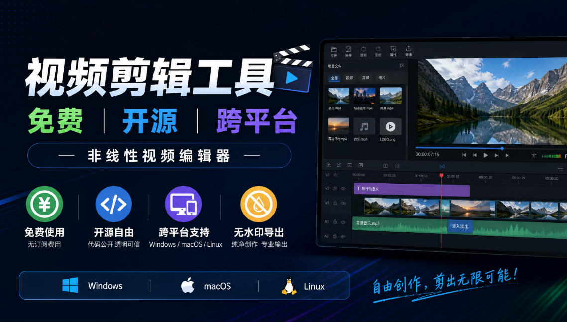 视频剪辑工具，免费、开源、跨平台，非线性视频编辑器，支持Windows、macOS、Linux，无水印、无订阅费用-小二项目网