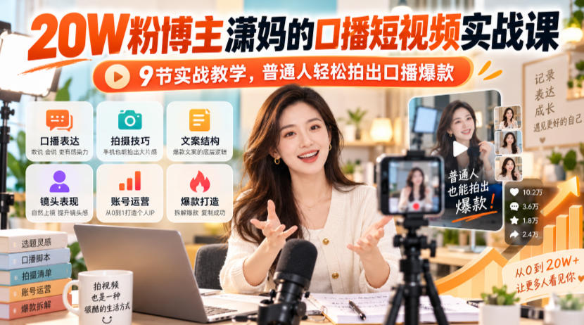 20W粉博主潇妈的口播短视频实战课，9节实战教学，普通人轻松拍出口播爆款-小二项目网