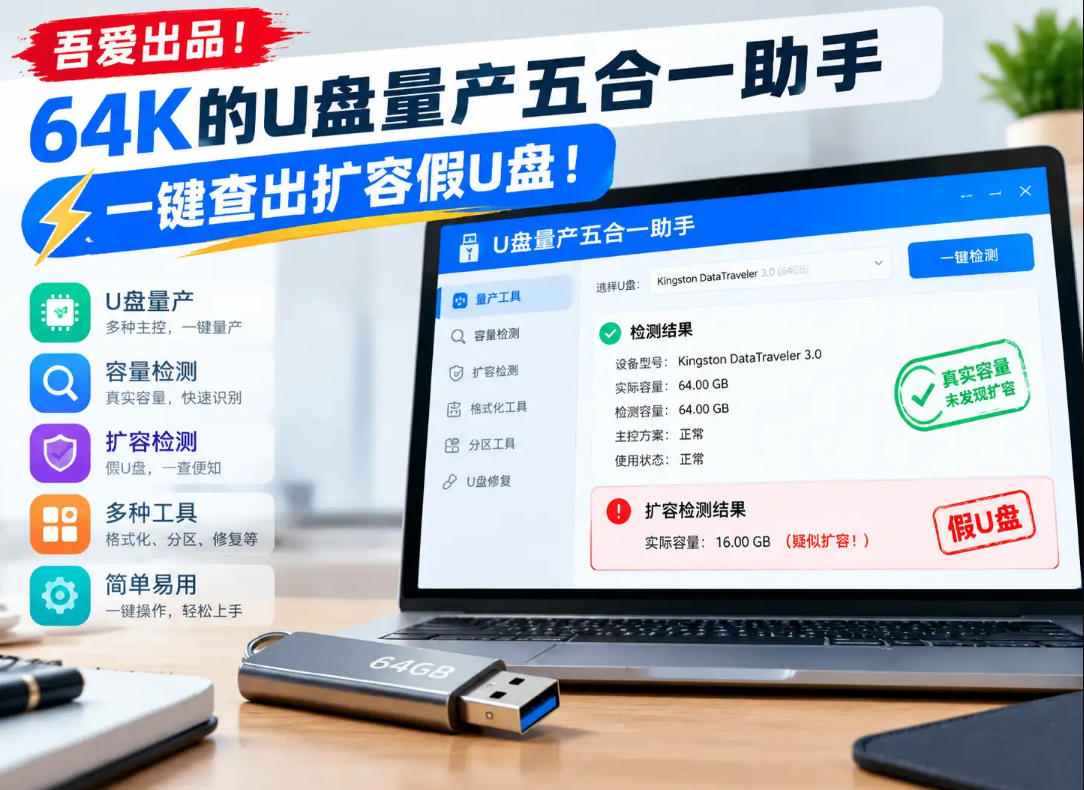 吾爱出品！64K的U盘量产五合一助手，一键查出扩容假U盘！-小二项目网