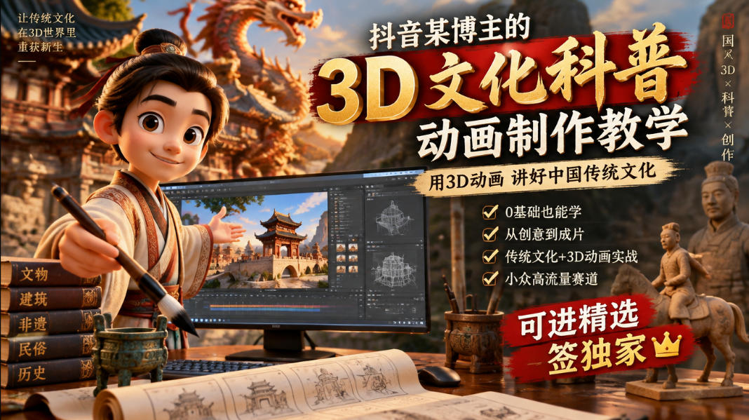 抖音某博主的3D文化科普动画制作教学，用3D动画呈现中国传统文化，可进精选签独家，单日收益1k+-小二项目网