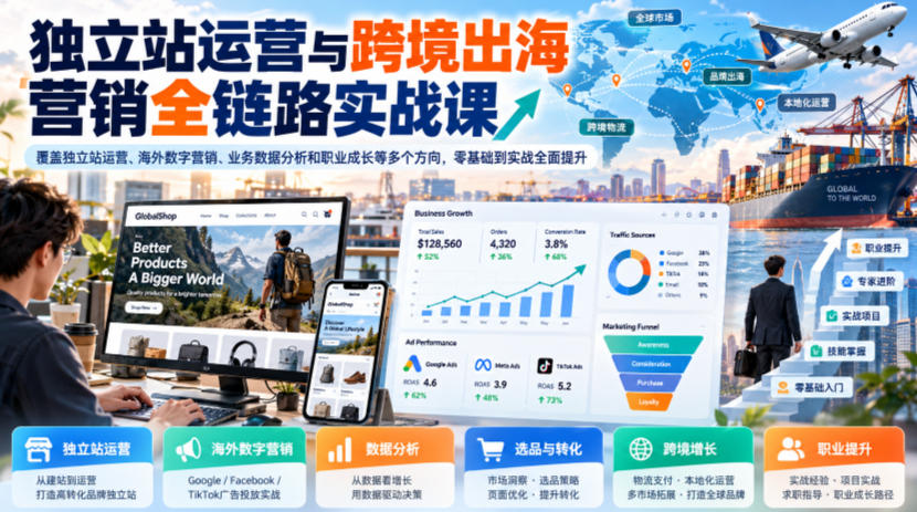 独立站运营与跨境出海营销全链路实战课，覆盖独立站运营、海外数字营销、业务数据分析和职业成长等多个方向，零基础到实战全面提升-小二项目网