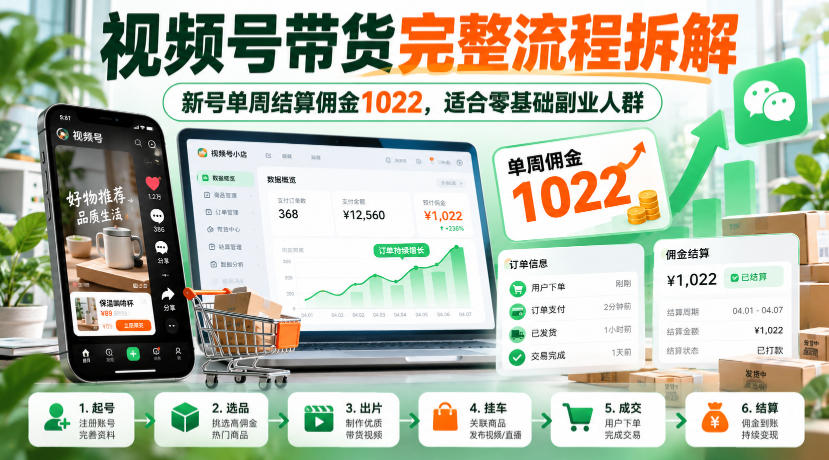 视频号带货完整流程拆解，新号单周结算佣金1022，适合零基础副业人群-小二项目网