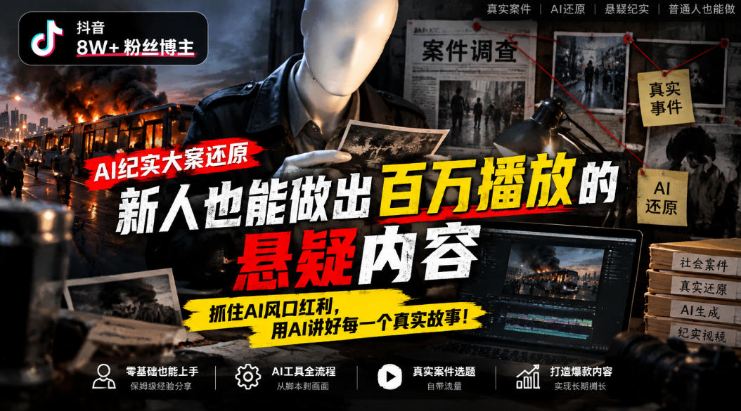 抖音8W粉丝博主的AI纪实大案还原教学，新人也能做出百W播放的悬疑内容，抓住AI风口红利，用AI讲好每一个真实故事-小二项目网