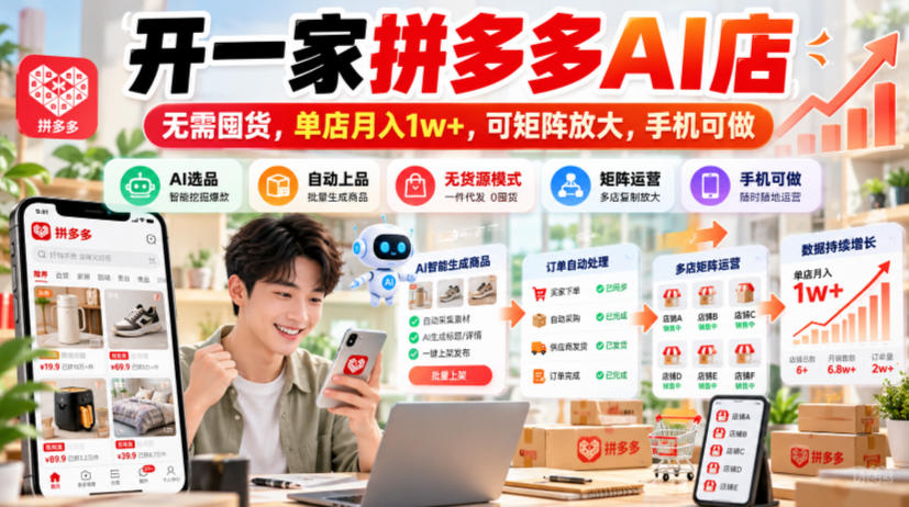 开一家拼多多AI店，无需囤货，单店月入1w+，可矩阵放大，手机可做【揭秘】-小二项目网
