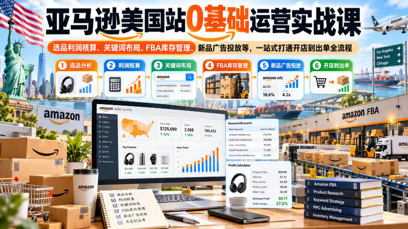 亚马逊美国站0基础运营实战课｜选品利润核算、关键词布局、FBA库存管理、新品广告投放等，一站式打通开店到出单全流程-小二项目网