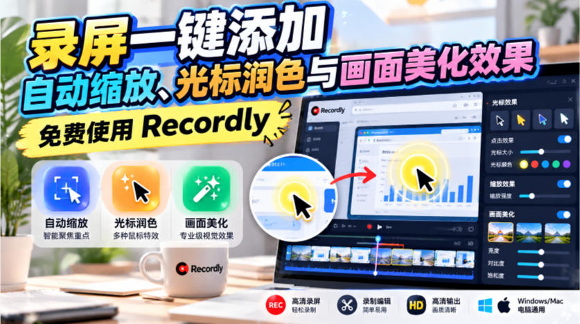 录屏一键添加自动缩放、光标润色与画面美化效果，免费使用Recordly-小二项目网