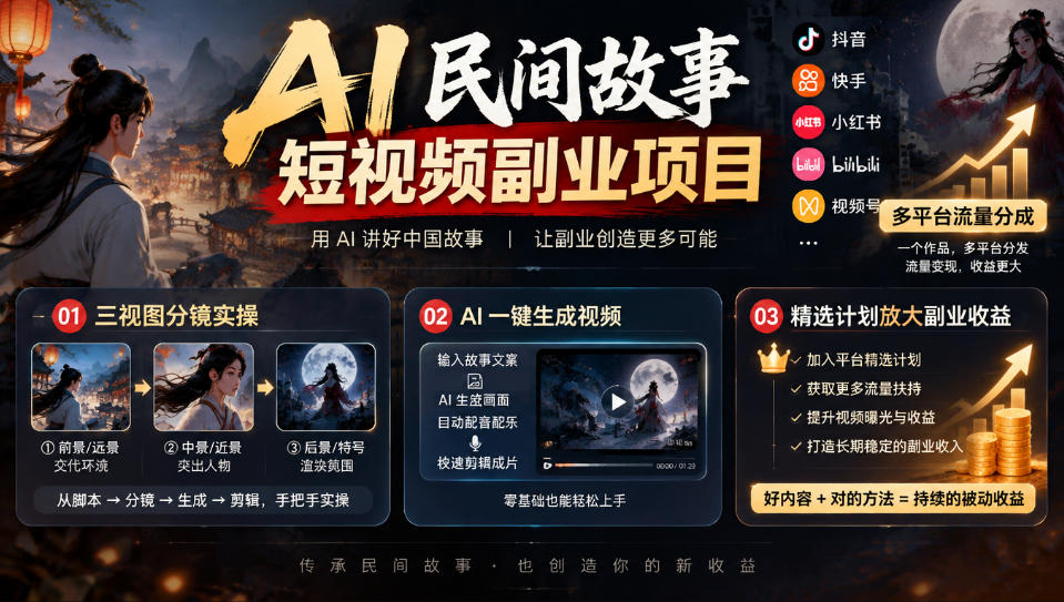 AI民间故事短视频副业项目，多平台流量分成，三视图分镜实操，精选计划放大副业收益-小二项目网