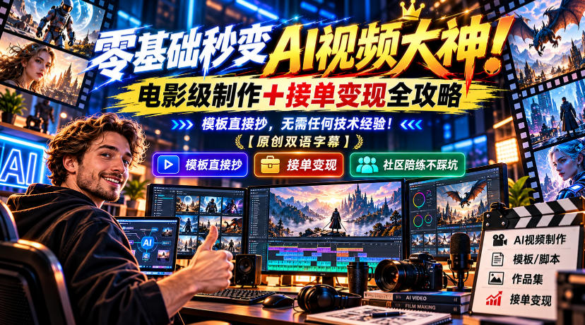 零基础秒变AI视频大神！电影级制作+接单变现全攻略，模板直接抄，无需任何技术经验！【原创双语字幕】-小二项目网