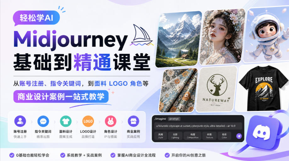 轻松学AI Midjourney基础到精通课堂，从账号注册、指令关键词，到面料LOGO角色等商业设计案例一站式教学-小二项目网