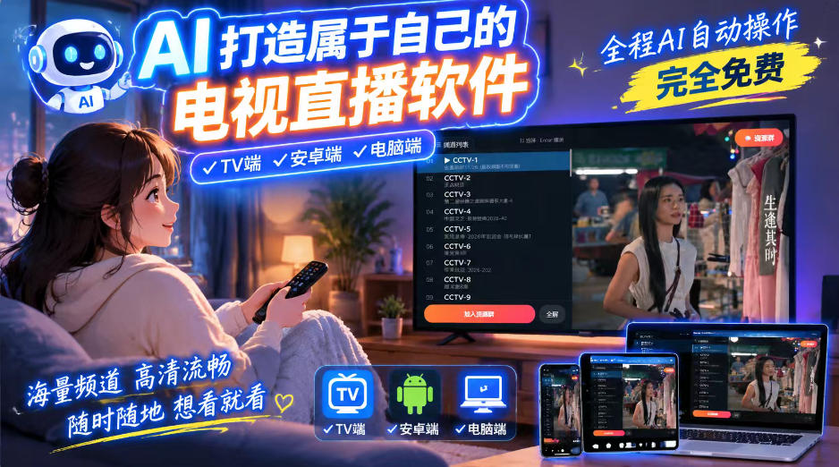 一个提示词，AI全自动做出电视直播软件，电脑、安卓、电视三端通用，完全免费，画质流畅不卡顿-小二项目网