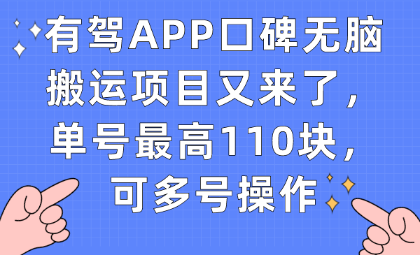 有驾APP口碑无脑搬运项目又来了，单号最高110块，可多号操作-小二项目网